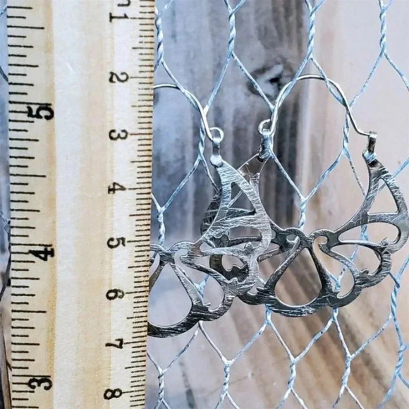 Abstract Lotus Flower Elegant Silver Brushed Steel Filigree Cutout Earrings - Picture 8 of 8